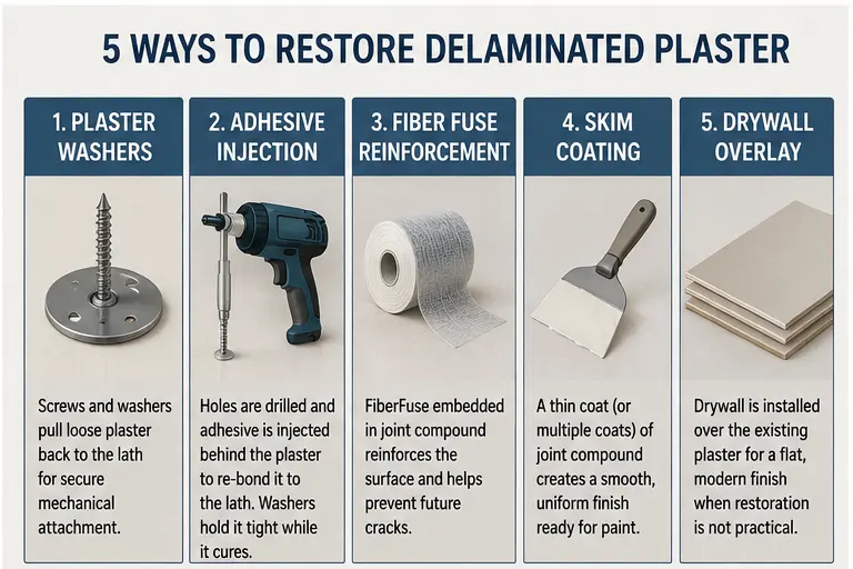 five ways to restore delaminated plaster shown