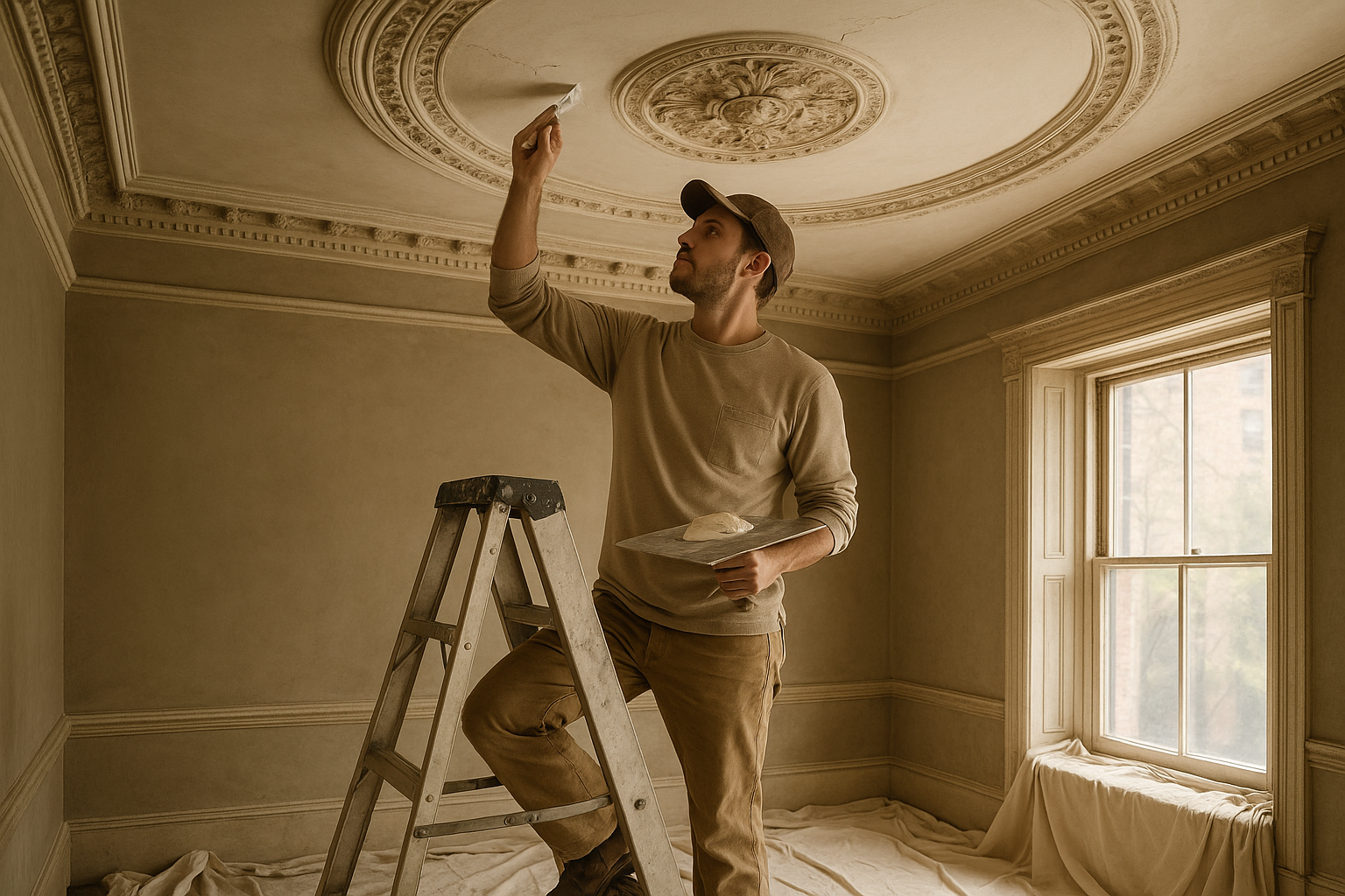 Plaster repair specialist on a ladder restoring a hairline crack in an ornate historic Boston townhouse ceiling with fresh plaster.