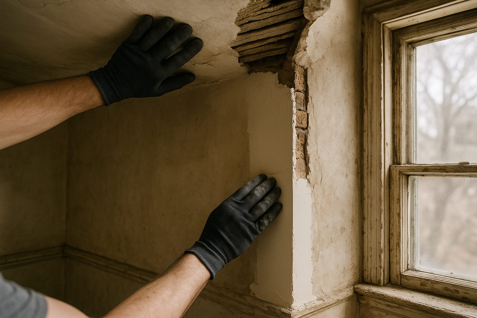 Craftsman repairing sagging horsehair plaster ceiling and damaged outside wall corner in a historic Boston home, with exposed wood lath near an old window.