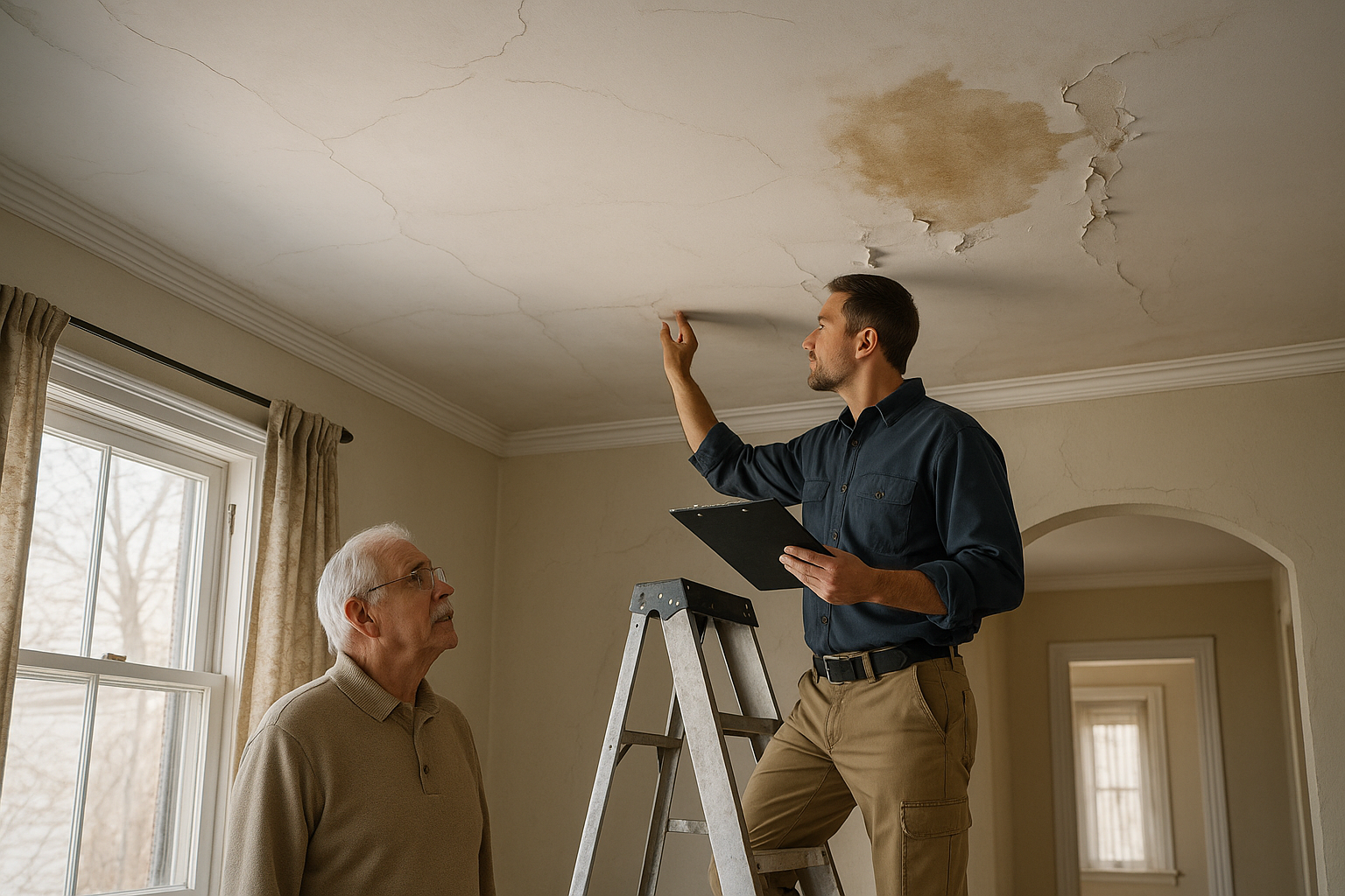 Older home ceiling with widening plaster cracks, shallow sag, brown water stains, and peeling paint as an inspector examines the damage from a ladder while a homeowner watches safely below.