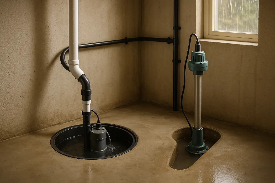 Finished basement utility corner during heavy rain with an operating submersible sump pump in an open basin, routed discharge pipe, and pedestal pump displayed in an adjacent narrow basin.
