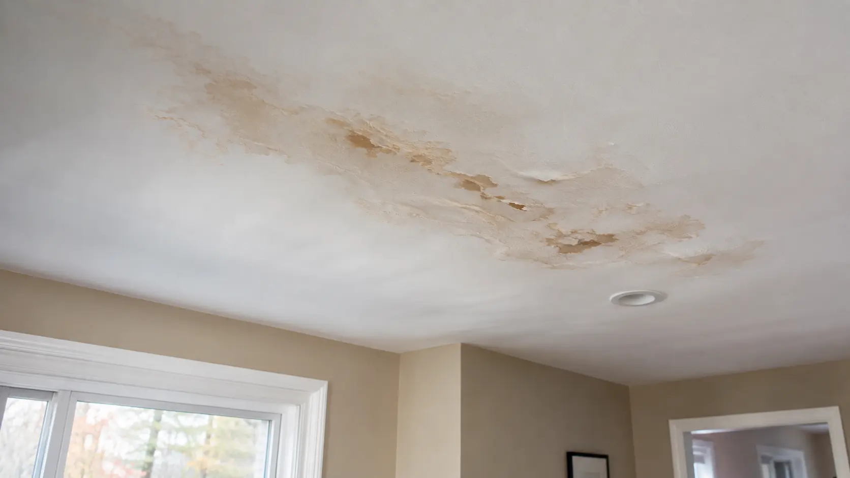 Water-damaged drywall on a residential ceiling after a roof leak