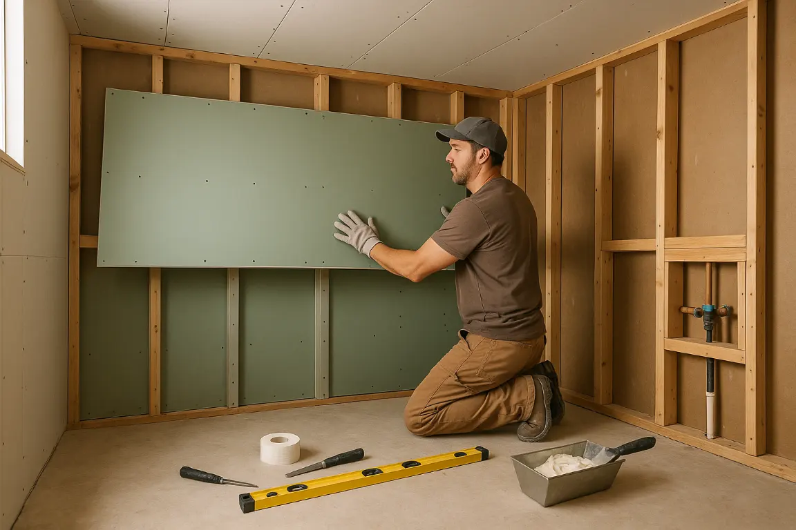 Professional installer hanging moisture-resistant drywall horizontally in a partially renovated bathroom, with ceiling board, staggered seams, framed plumbing opening, screws and finishing tools on the floor.