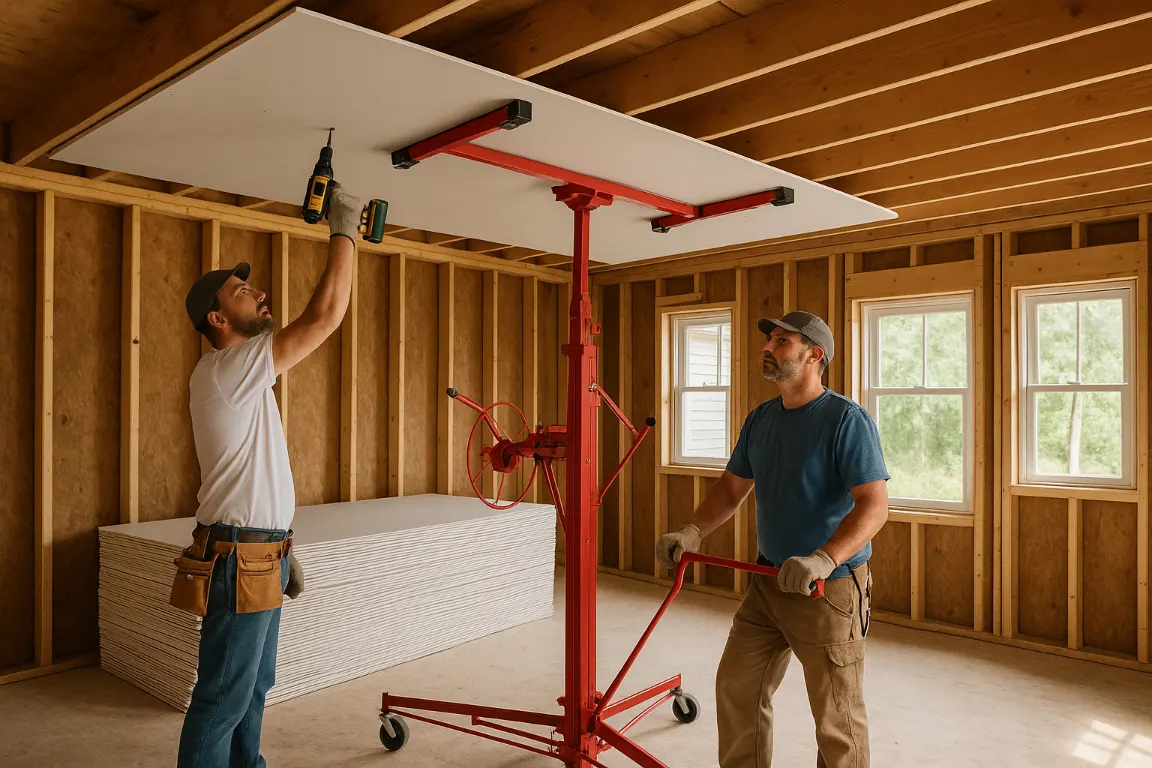 two workers installing drywall sheets on the ceiling with a drywall lift