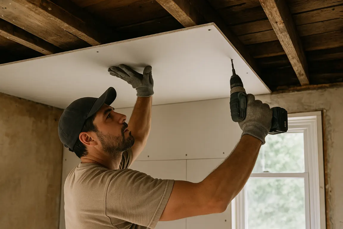 guy screwing drywall on the ceiling 