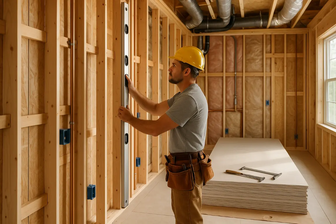 guy checking that studs ate flat before installing drywall