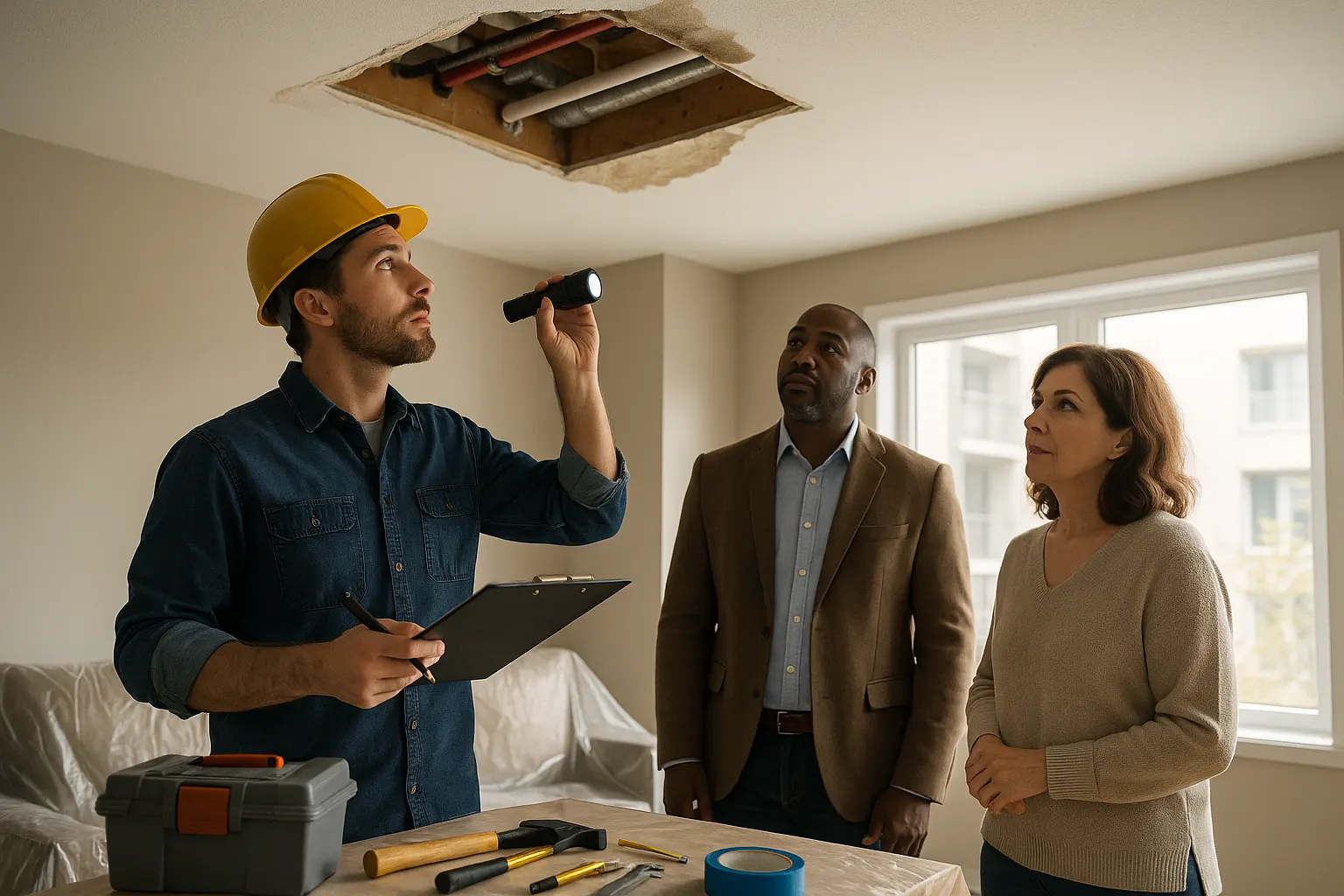 Qualified contractor inspects an opened water-damaged ceiling in a multifamily apartment, reviewing exposed plumbing and electrical conduit with a property manager and homeowner