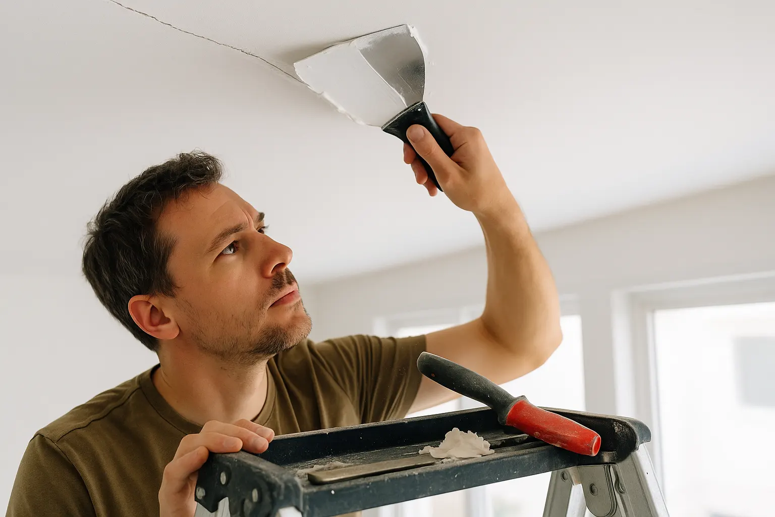 Homeowner on a step ladder uses a wide drywall knife to smooth joint compound over fiberglass tape on a small ceiling crack