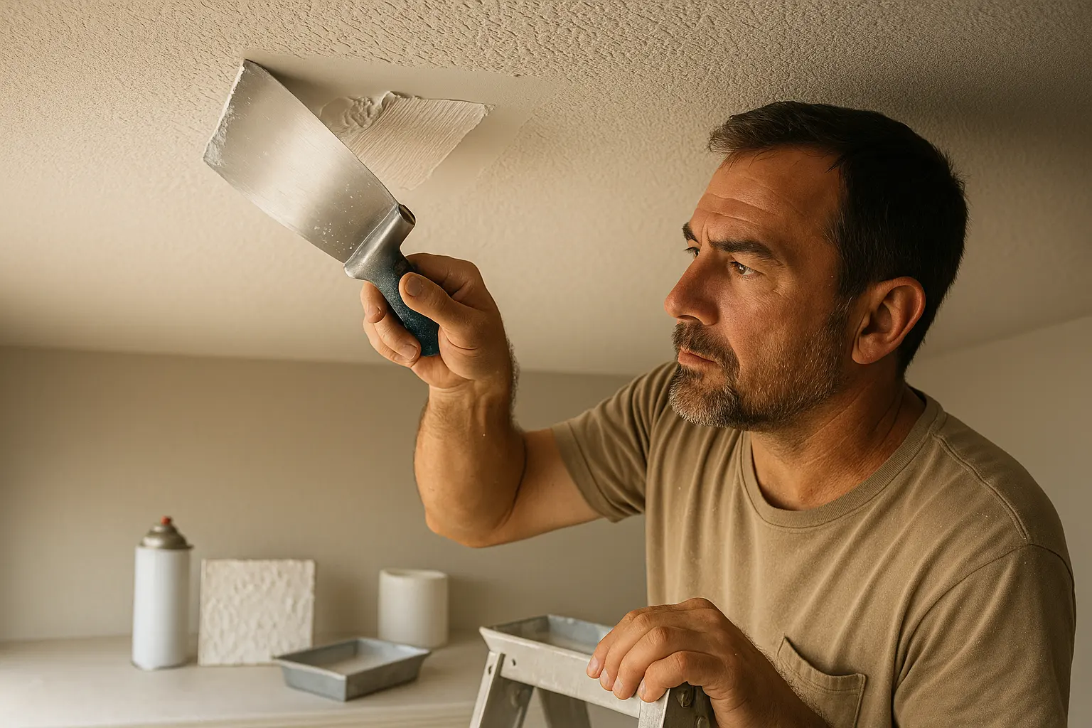 Drywall finisher on a ladder uses a wide knife to blend fresh knockdown texture across a ceiling patch, transitioning from fine orange-peel stipple to broader texture