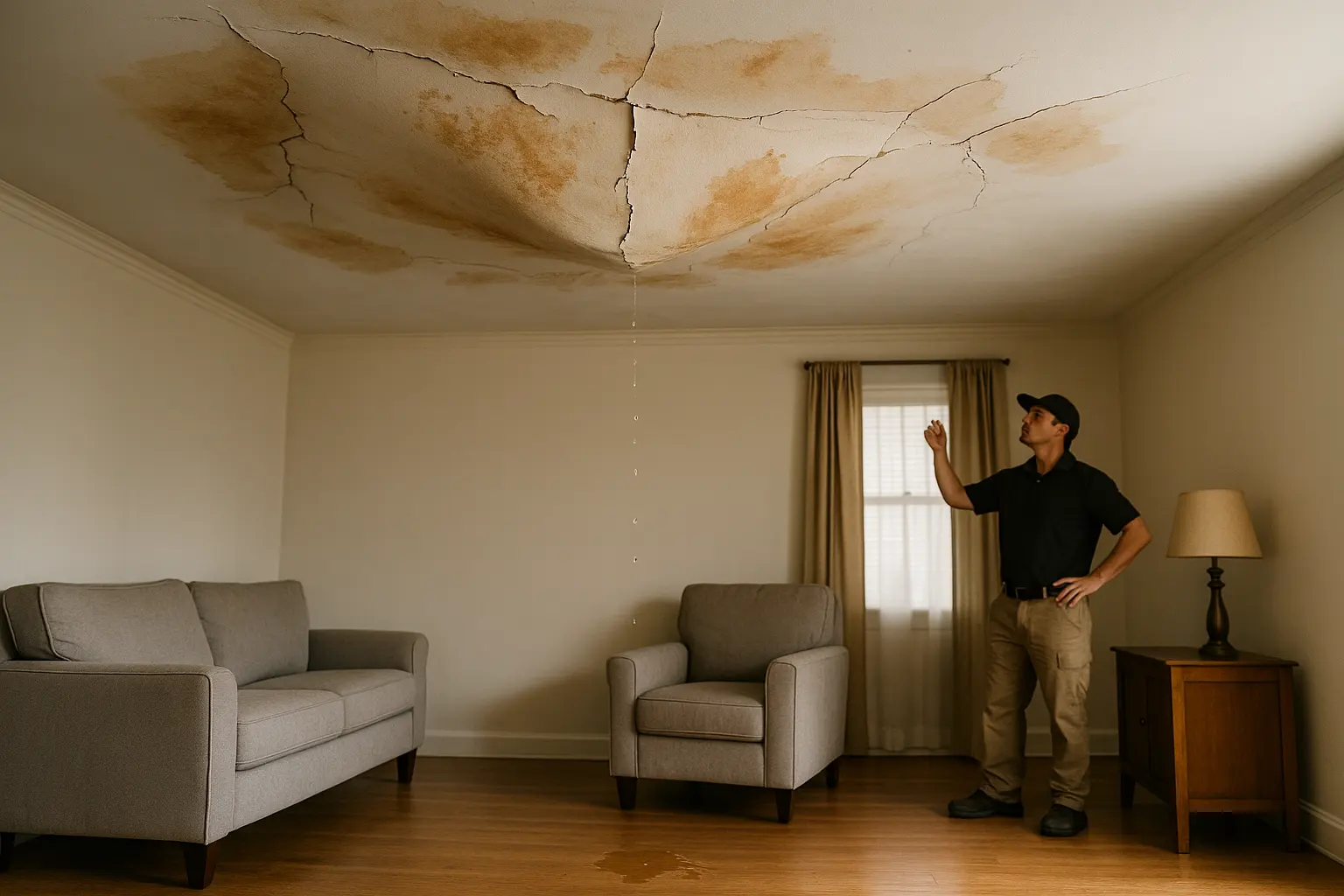 Empty living room with a severely sagging, water-damaged drywall ceiling, brown stains, widening cracks, peeling tape, and falling droplets as an inspector examines it from a safe distance