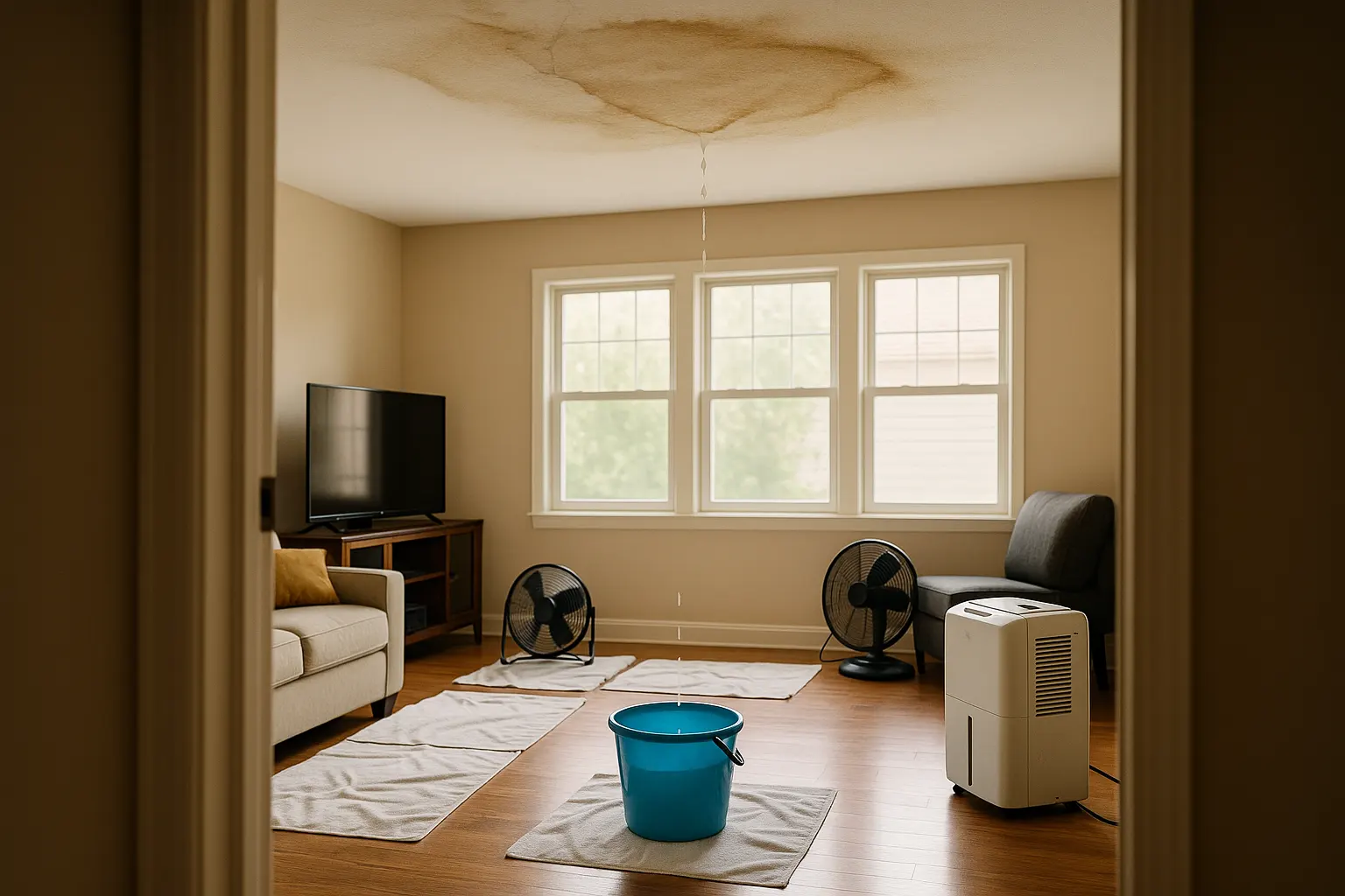 Bright living room safely drying after a ceiling leak, with stained sagging drywall, a drip bucket, moved furniture, towels, unplugged fans, and a dehumidifier