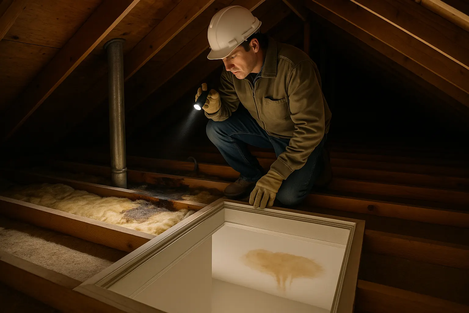 Home inspector kneels in a residential attic, examining wet insulation and dark roof decking near a vent pipe above a stained ceiling area