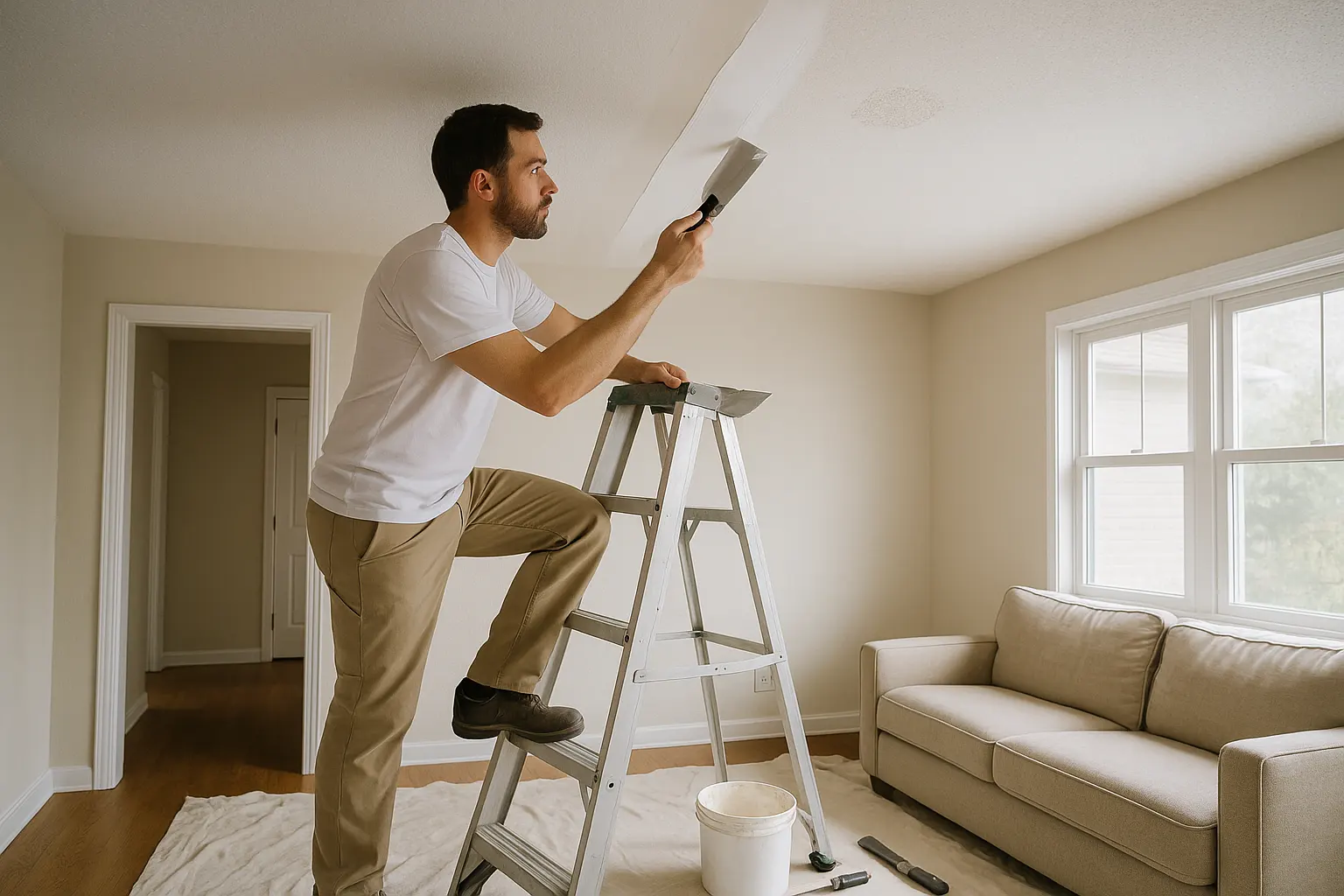 Ceiling repair specialist on a step ladder applying joint compound to a repaired seam, matching smooth drywall, textured finish, and popcorn texture in a bright home