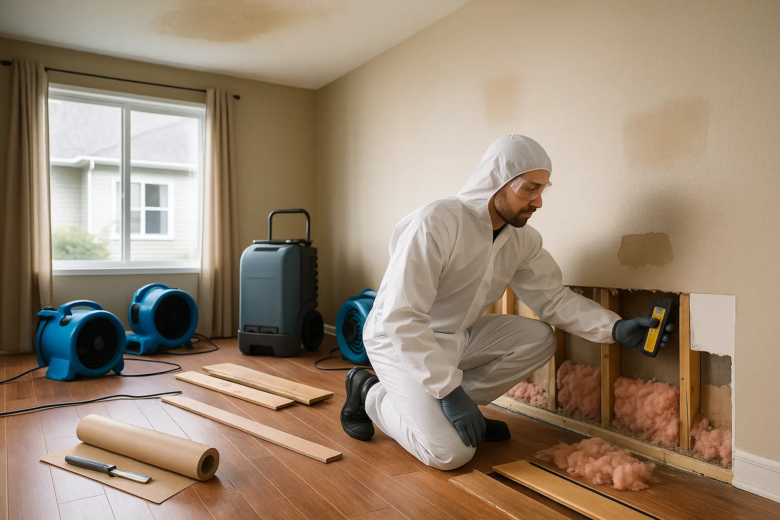Water damage restoration technician checks moisture behind opened drywall in a suburban living room with wet insulation removed, drying fans, dehumidifier, lifted floorboards, and repair materials.