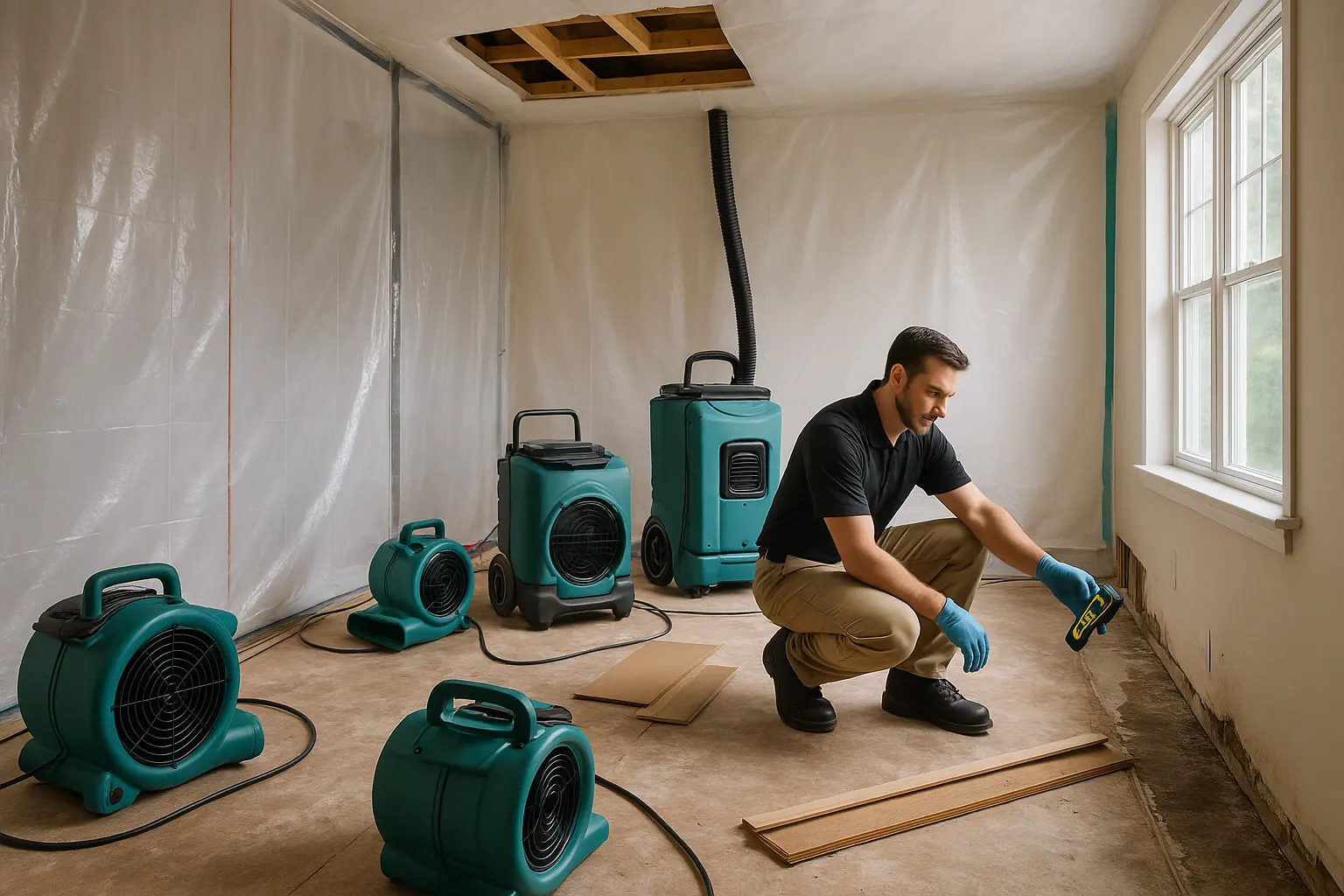 Technician uses a moisture meter on a damp wall in a contained residential room with lifted flooring, removed baseboards, air movers, dehumidifier, air scrubber, and exposed ceiling cavity