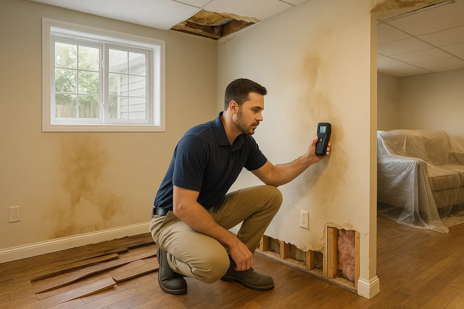 Home restoration professional uses a moisture meter on stained basement drywall beside warped hardwood flooring, removed wet insulation, ceiling damage, and protected furniture.