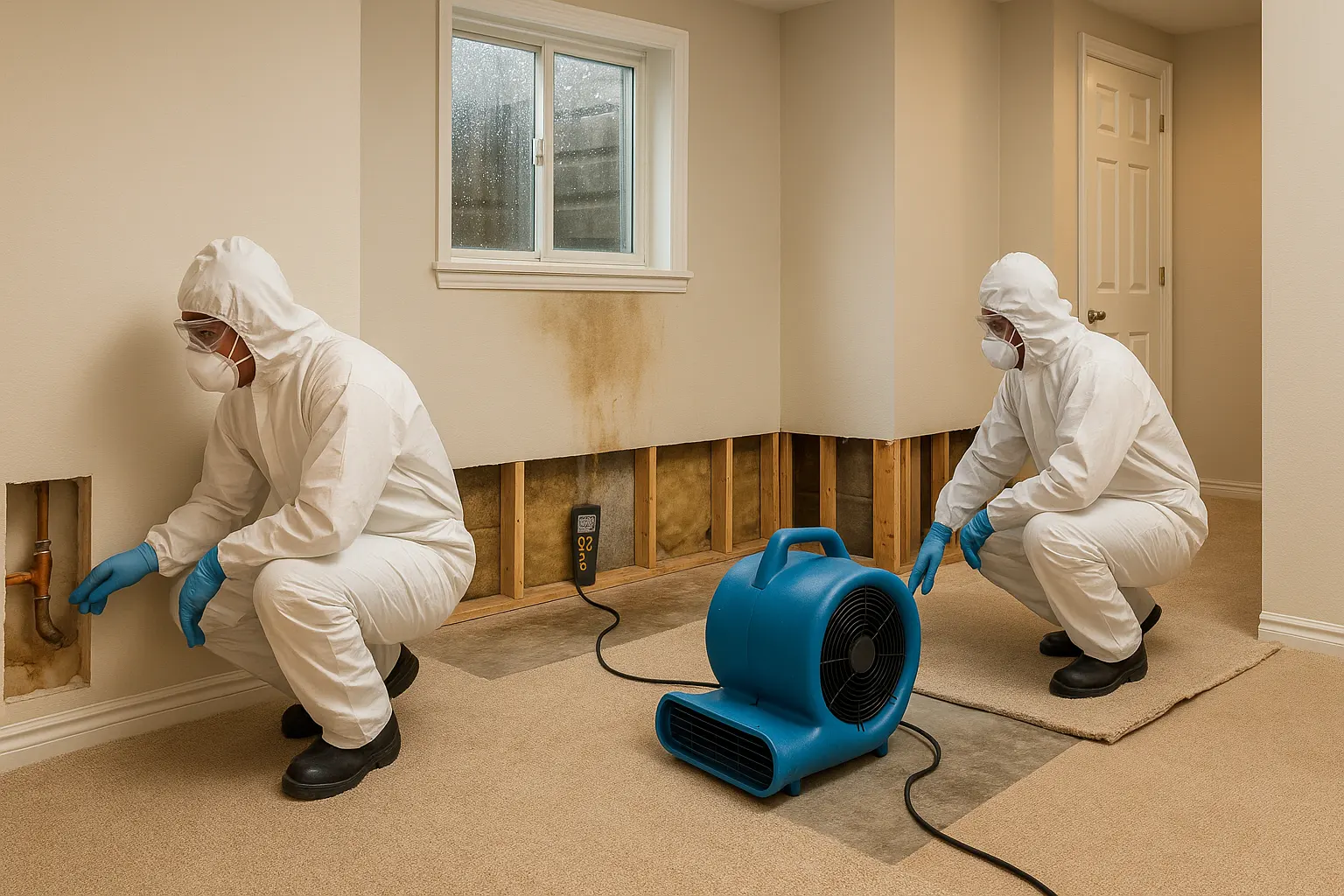 Finished basement cutaway showing pipe leak damage, rain intrusion at a window with drying equipment, and contained sewage backup cleanup as restoration workers inspect drywall, insulation, and flooring.