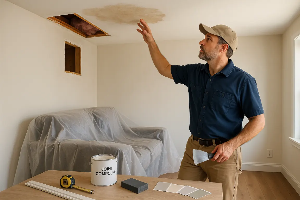Drywall restoration professional inspecting a water-stained ceiling with exposed insulation and framing in a protected furnished room.