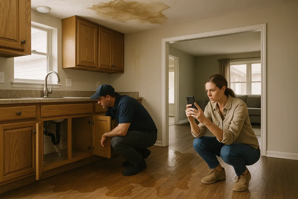 Homeowner photographs burst sink supply line, pooled water, stained sagging ceiling, and warped flooring while a restoration professional inspects the damage.