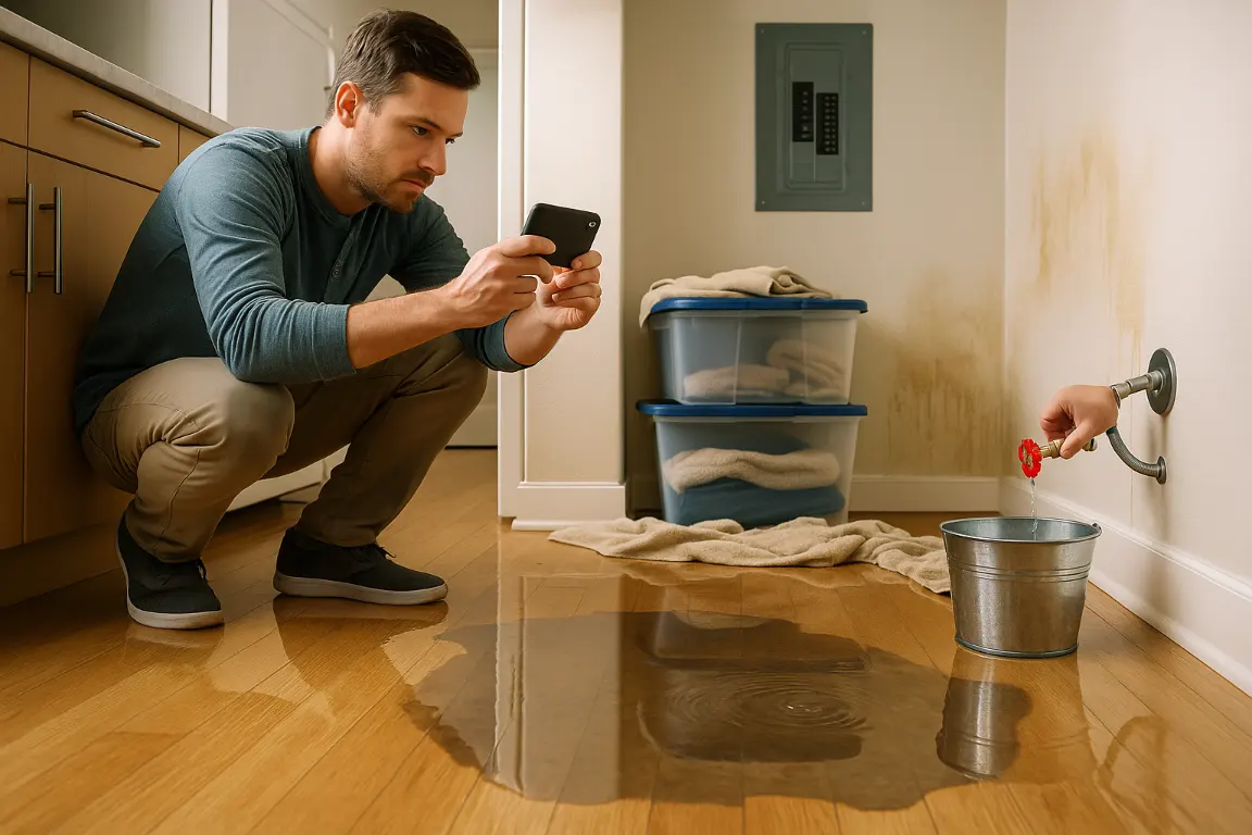 Homeowner in rubber-soled shoes photographs a spreading kitchen water leak while someone turns a shutoff valve nearby; towels, storage bins, and a bucket protect belongings as water-stained drywall and a dry electrical panel remain visible.