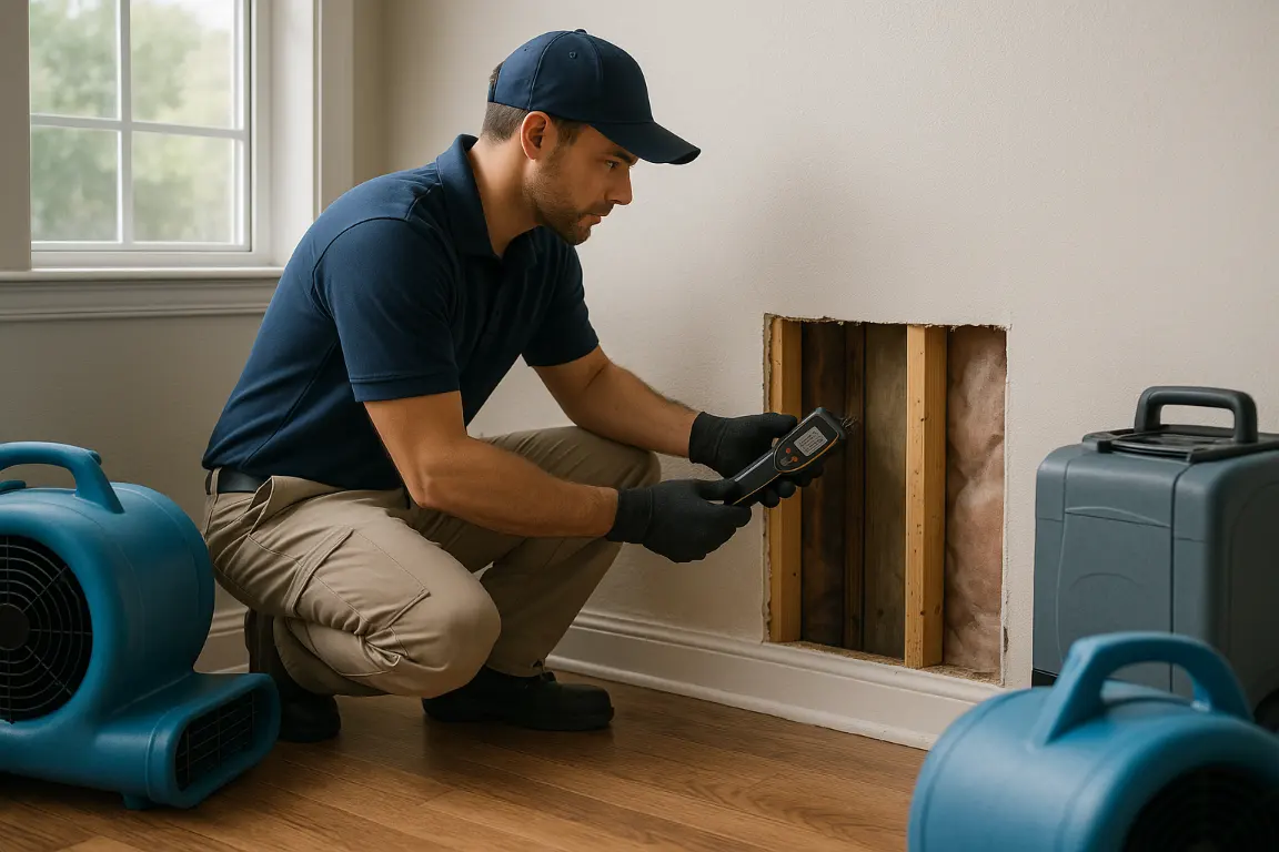 Restoration technician uses a pin moisture meter on opened drywall, exposing damp studs and insulation while air movers and a dehumidifier support structural drying.