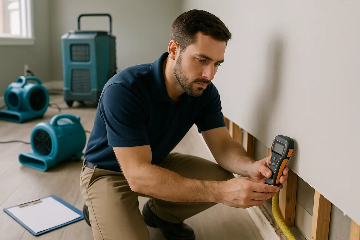 Restoration specialist checks water-stained drywall with a moisture meter beside an opened wall section showing damp insulation, framing, and subfloor.
