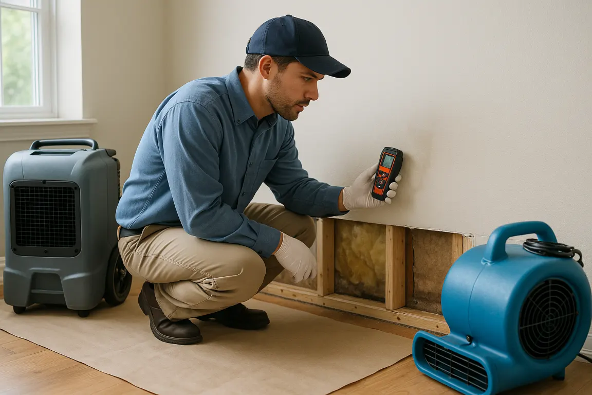 Water-damage restoration technician checks drywall moisture near removed baseboards as air movers, dehumidifier, and HEPA air scrubber support professional drying.