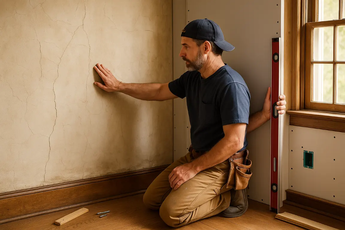 Contractor assesses a historic home's plaster wall, showing cracked uneven plaster beside a precisely installed drywall overlay with level, shims, screws, outlet extension, and removed baseboard.