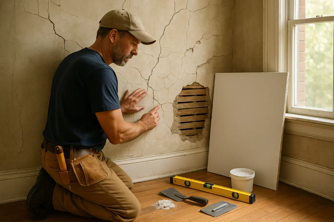 Contractor inspects cracked, crumbling plaster and exposed wood lath in a sunlit historic home, with repair tools, patching materials, and a drywall panel nearby