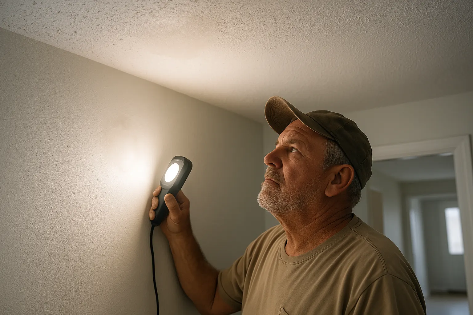 Drywall professional uses a low-angle work light to inspect orange-peel wall texture, flattened knockdown ceiling texture, and a faint repair patch in a home