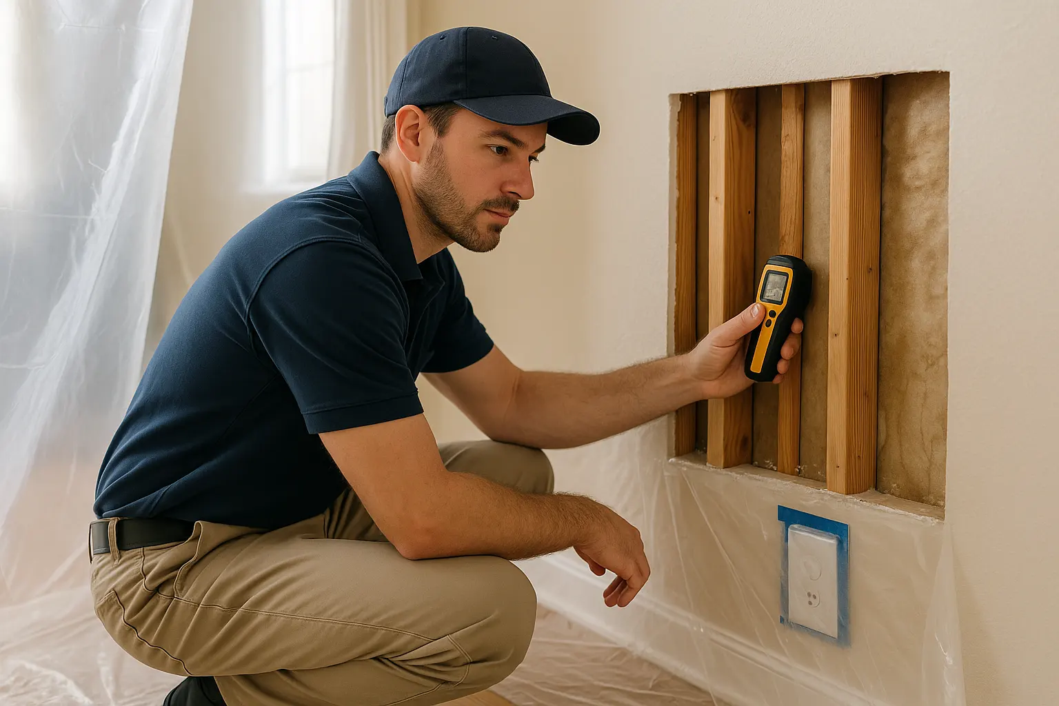 Home repair technician uses a moisture meter on exposed wall studs beside an opened drywall section with insulation and water staining, protected by plastic sheeting and floor covering.
