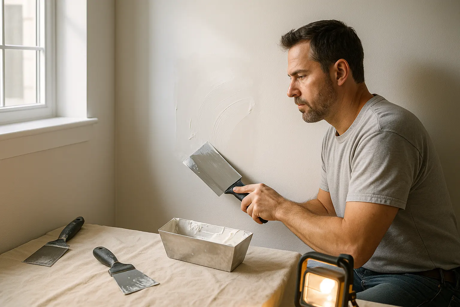 Skilled drywall contractor uses a wide taping knife to feather joint compound over a flush wall patch in a bright modern room.