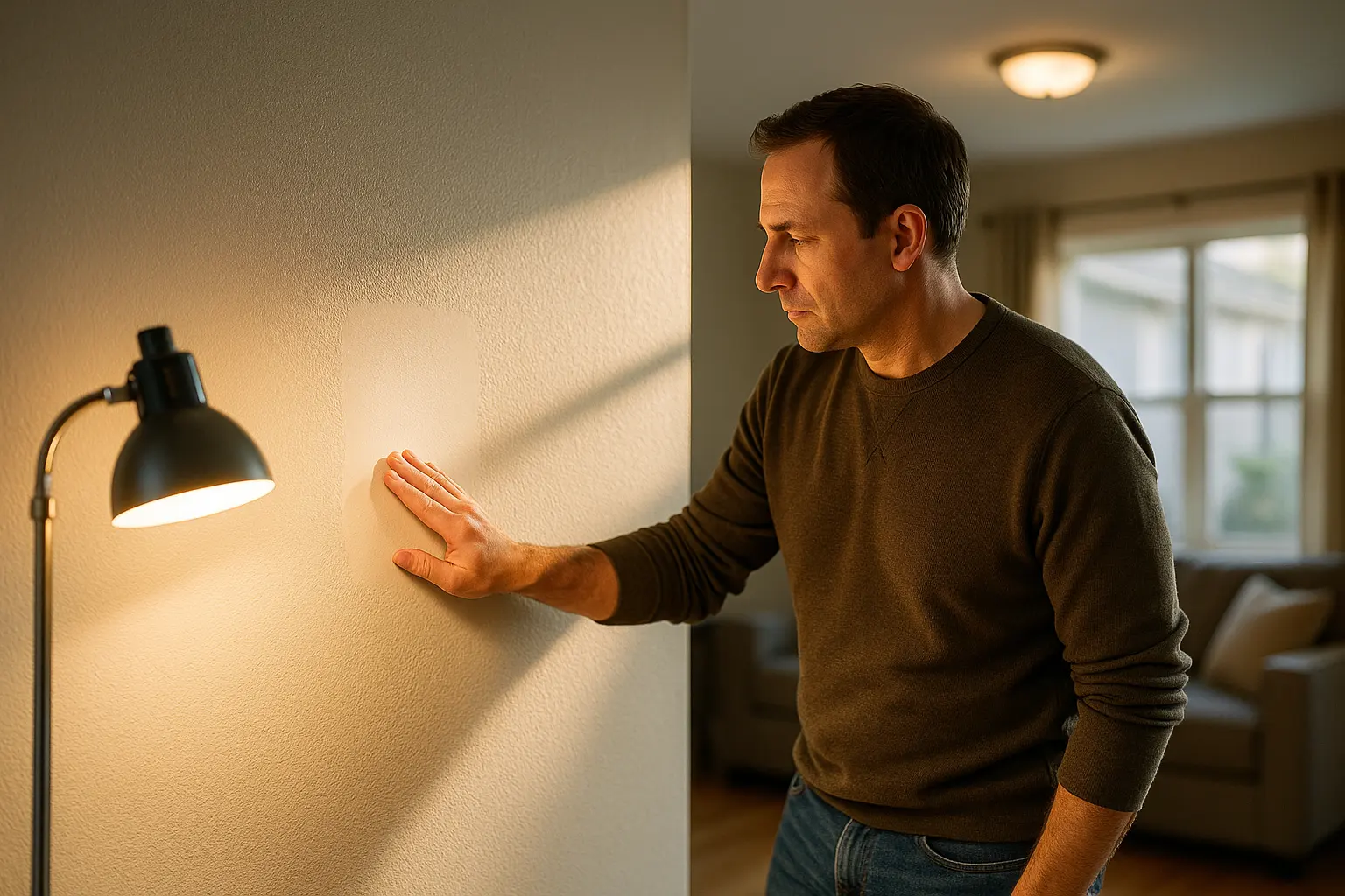 Homeowner checks a painted drywall patch in a bright living room, using angled afternoon sunlight, a work lamp, and touch to inspect the blended orange-peel texture
