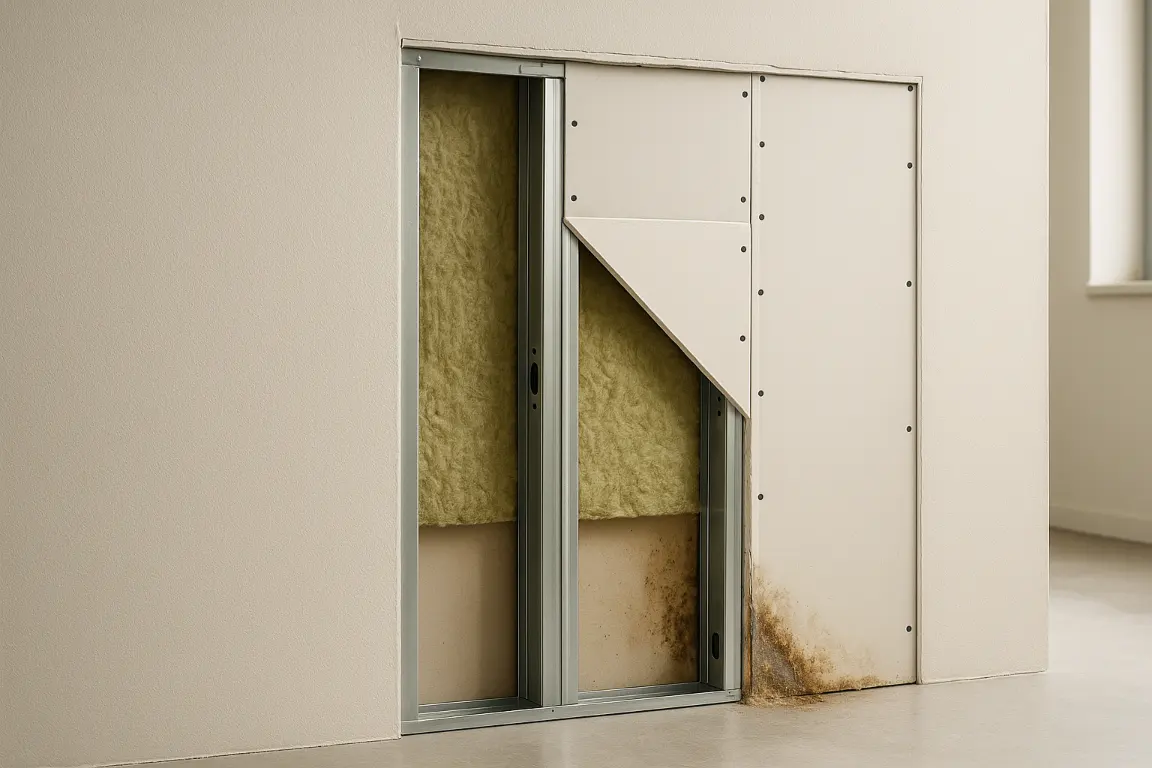 Cutaway of a modern drywall partition showing steel studs, mineral wool insulation, double fire-rated gypsum board, fasteners, sealed floor and ceiling edges, and water damage near the base.