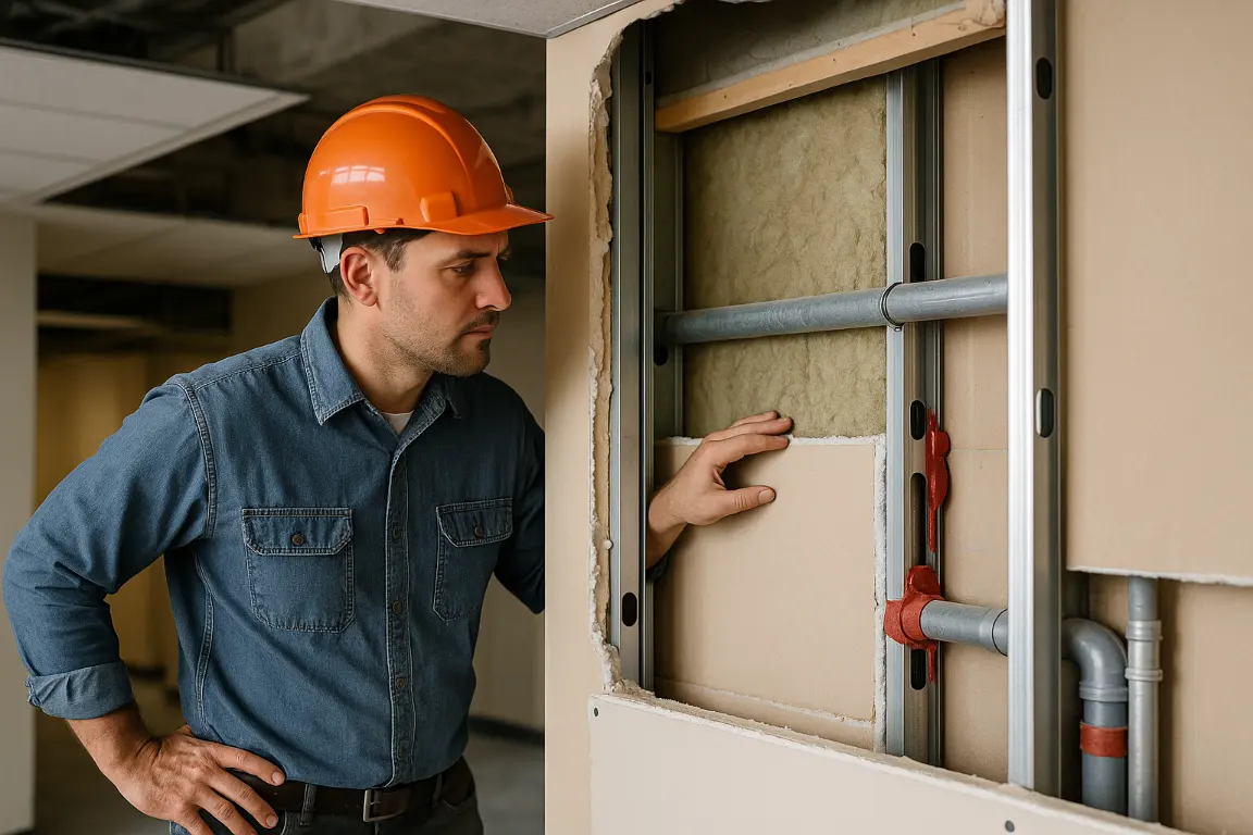 Restoration contractor inspecting an opened commercial fire-rated wall assembly with layered gypsum board, mineral wool, metal studs, conduit penetrations, firestop sealant, and floor-to-deck continuity above a suspended ceiling.