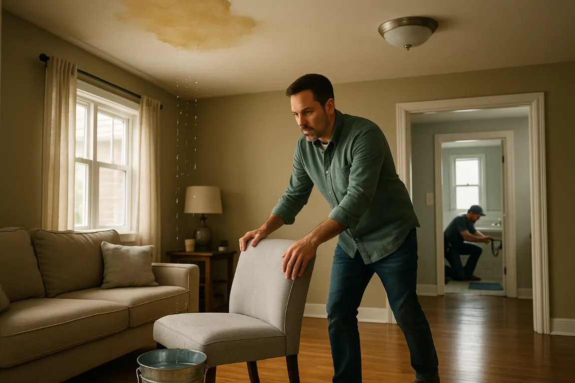 Homeowner moves a chair from beneath a stained leaking ceiling while a bucket catches drips; an upstairs plumber inspects bathroom sink pipes