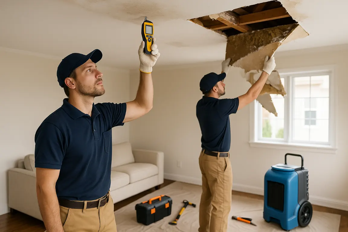 Water damage restoration technicians test a bowed, stained ceiling and remove saturated drywall, exposing damp insulation and wood framing in a protected residential room.