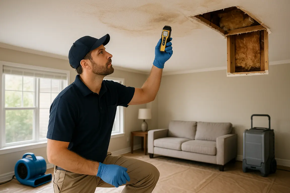 Water damage restoration technician checks a bowed, stained ceiling with a moisture meter in a living room, beside removed saturated drywall, damp insulation, air mover and dehumidifier.