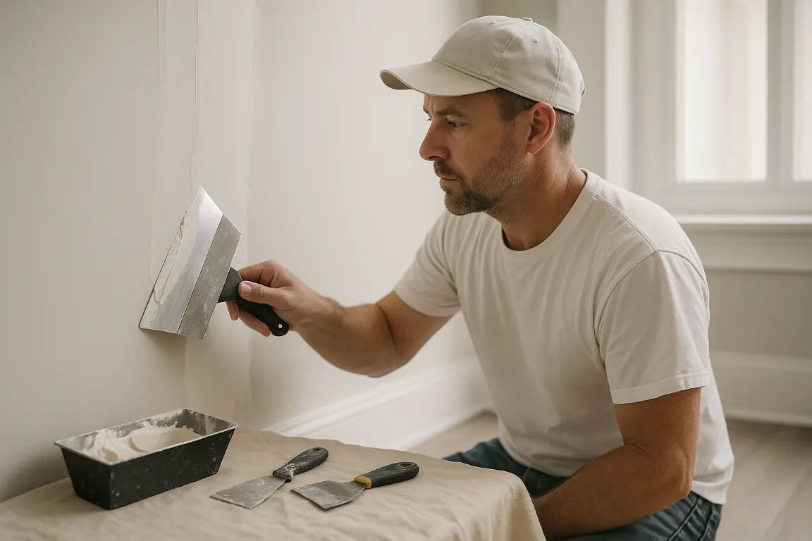 Skilled drywall contractor feathering joint compound over a repaired wall seam in a bright modern home, with DIY patch tools nearby and natural light highlighting the smooth finish.