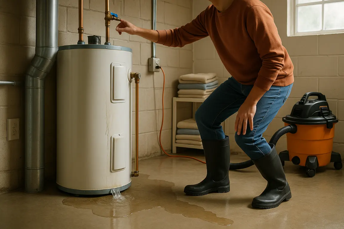 Adult in rubber boots reaches for a hot water tank cold-water shutoff valve as water spreads across a basement concrete floor, with electrical cords safely out of reach and cleanup tools nearby.