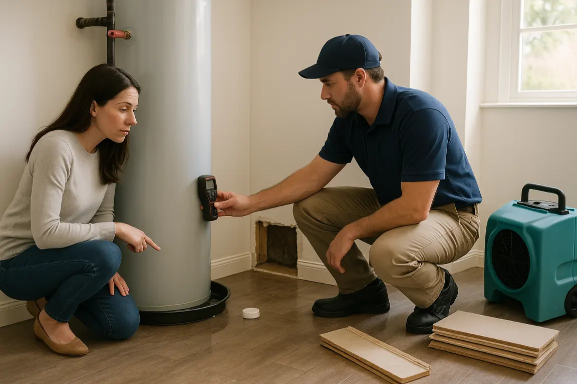 Homeowner and restoration contractor inspect a water heater leak in a bright utility room, with the supply valve off, drain pan, leak alarm, moisture meter, removed baseboard, damaged drywall, and drying equipment visible.