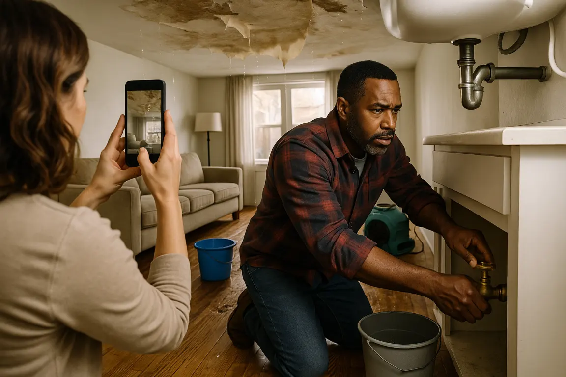 Homeowner safely turns off a brass water valve beneath a sink as another person photographs wet ceiling drywall, warped flooring, and moved furniture; buckets catch drips away from outlets and restoration equipment sits nearby.