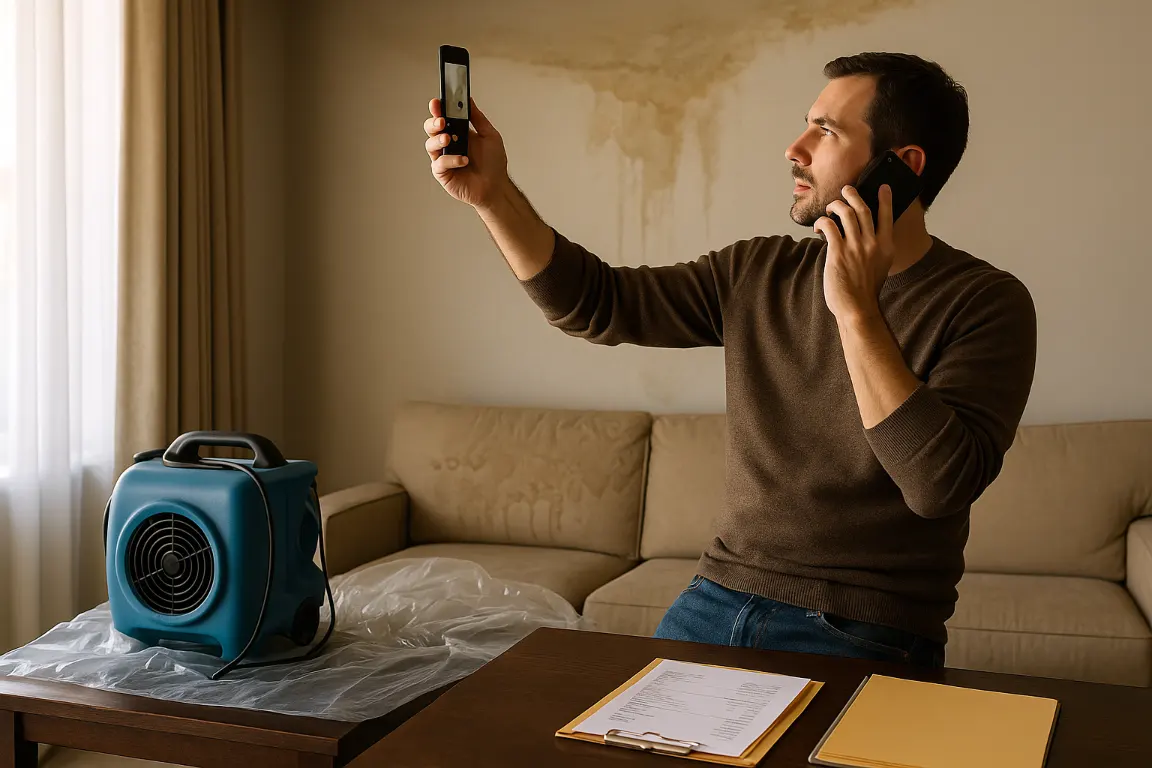 Homeowner calls an insurance agent while photographing water-damaged drywall and a stained ceiling, with extraction equipment, protective sheeting, receipts, and documentation nearby.