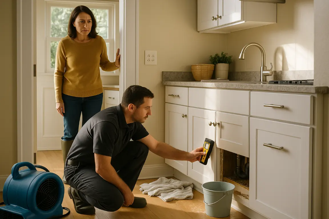 Homeowner in rubber boots stands at a kitchen doorway near a small under-sink leak while a restoration technician checks opened drywall with a moisture meter.