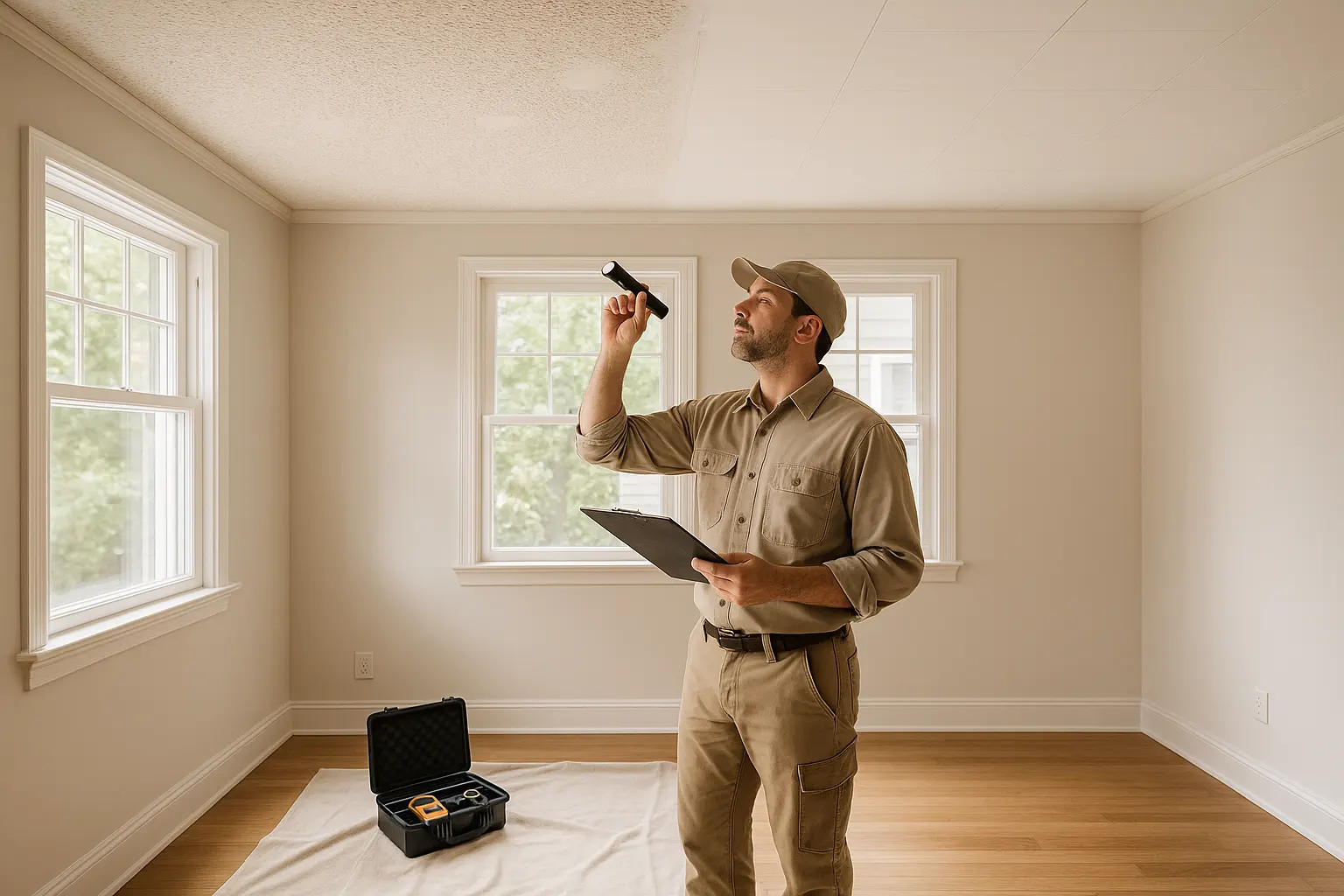 Home inspector examines a renovated older home's popcorn ceiling and new drywall panels with a flashlight, clipboard, and testing kit.