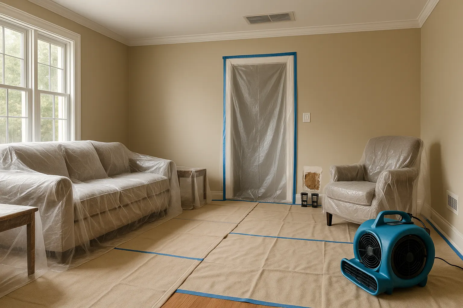 Living room prepared for drywall repair with wrapped furniture, taped floor protection, sealed doorway, covered HVAC vent, exposed water-damaged wall section, moisture meters, and air mover
