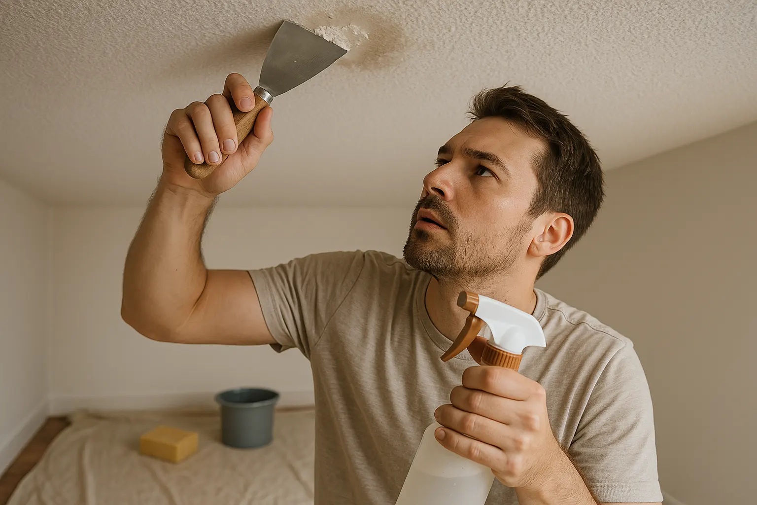 Home renovator testing a dampened textured ceiling patch with a wide paint scraper and soapy-water spray bottle, with drop cloth, sponge, and bucket below