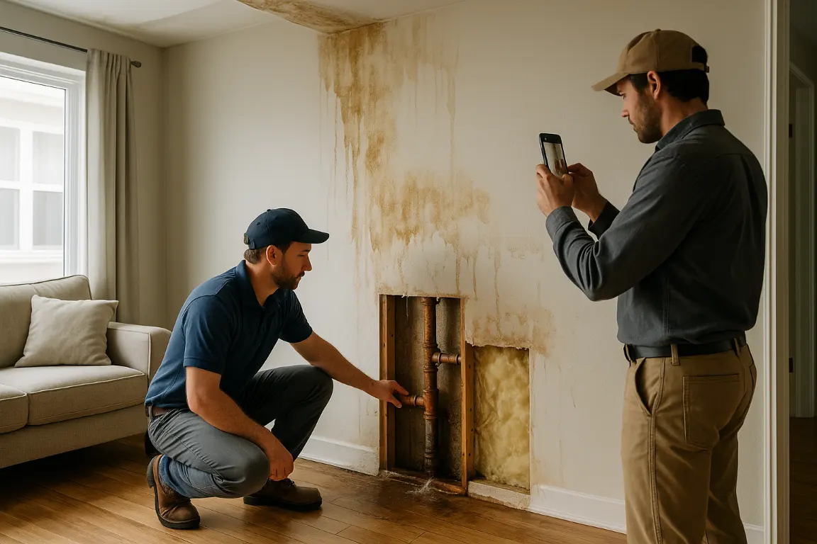 homeowner and restoration tech documenting the leaking pipe in the wall for insurance compensation.