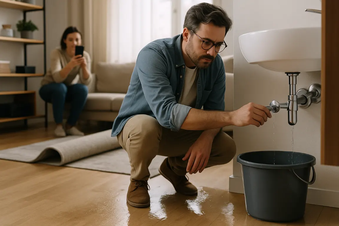 Homeowner shuts off a wall-mounted water valve beneath a sink as a small leak drips into a bucket; lifted rug, moved belongings, and another person documenting water damage are visible