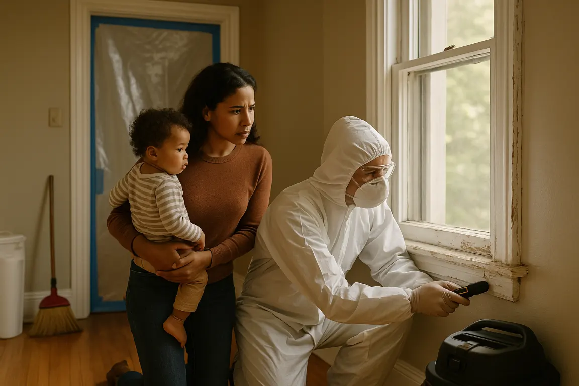Parent holds toddler away from peeling window trim while a certified renovation professional inspects an older home with plastic containment and HEPA dust-control equipment.